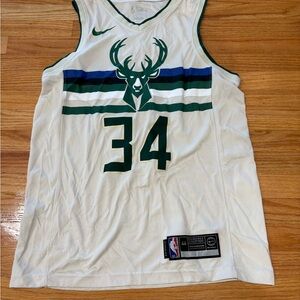 Nike White and Green Basketball Jersey with Blue Accents
